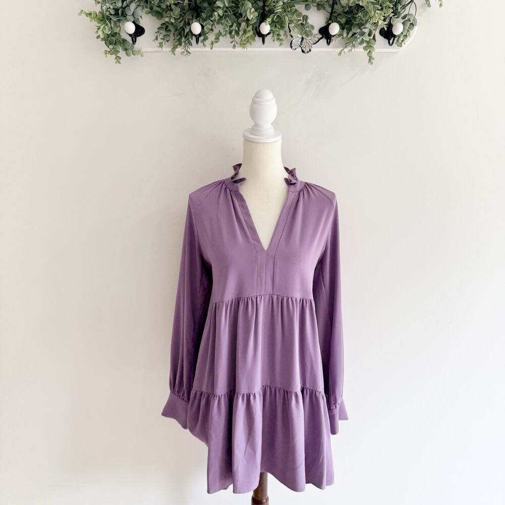 Amanda Uprichard Purple Long Sleeve Mini Babydoll Ruffle Dress Size P Y5370